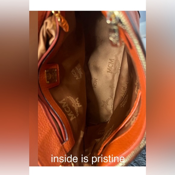 MCM Handbags Orange Leather Satchel Purse Small Tote Visetos Logo Studs Bag - Picture 5 of 10